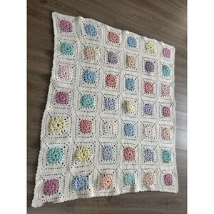 Hand Made Crocheted Blanket Flowers Pink Blue Yellow Green Baby Pastel Knit